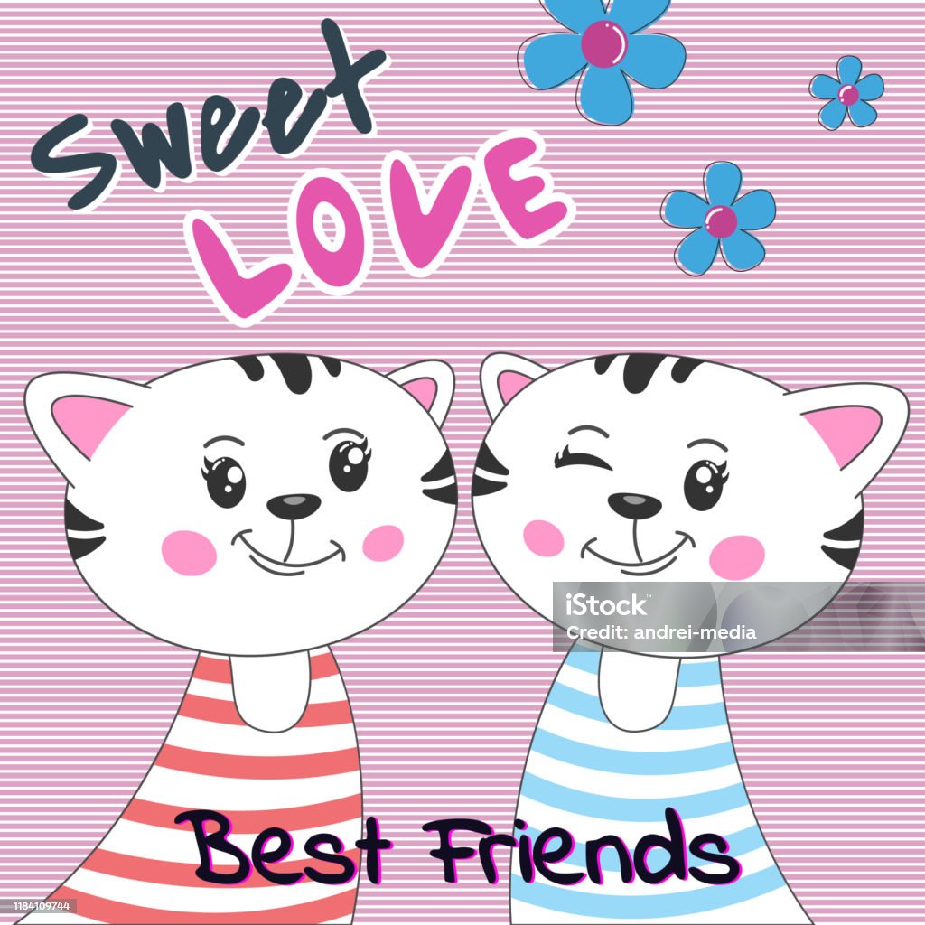 Lovely Cartoon Two Cats With Text Sweet Love On Pink Background ...