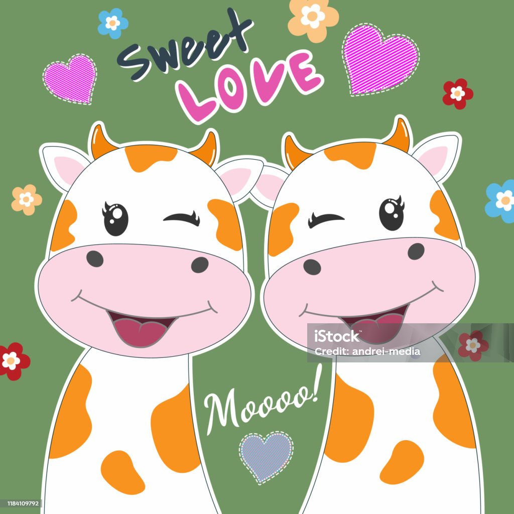 Lovely Cartoon Two Cows With Text Sweet Love On Green Background ...