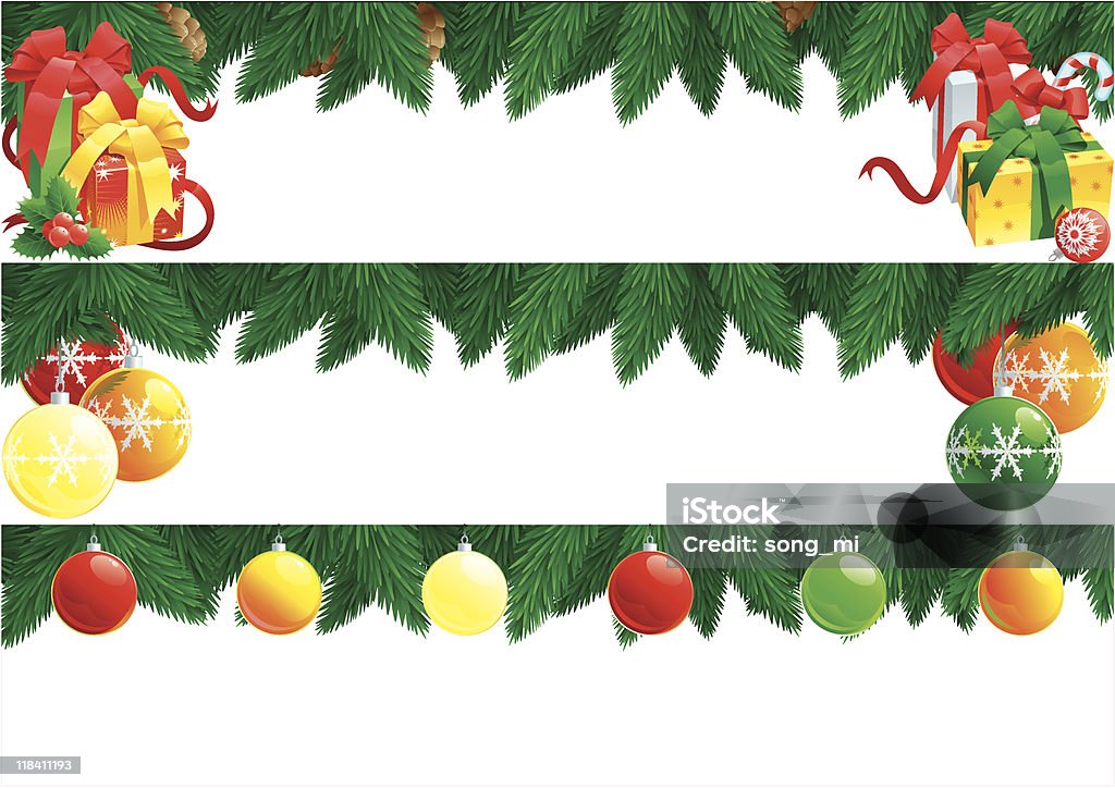 christmas baubles Vector banners with baubles, branches of fir tree and many gift boxes isolated  on white background for christmas.  File includes high res jpg, eps Backgrounds stock vector