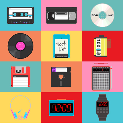 A set of 12 retro items on colorful background.