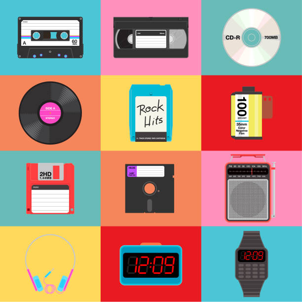 items from yesteryears A set of 12 retro items on colorful background. audio cassette illustrations stock illustrations