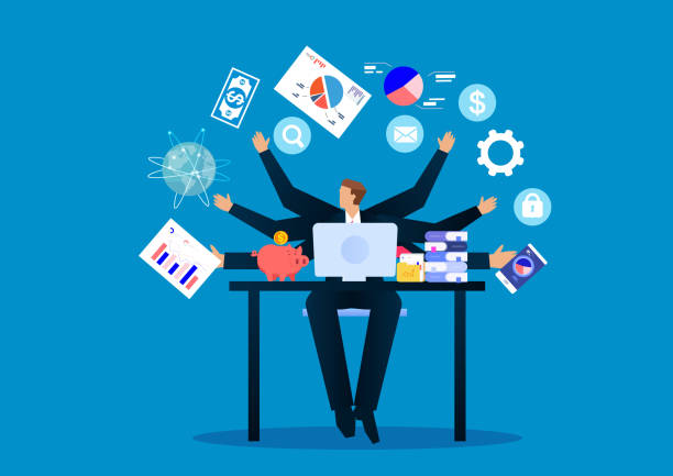 Businessman busy performing multitasking work Businessman busy performing multitasking work multi tasking stock illustrations