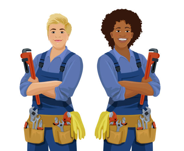 ilustrações, clipart, desenhos animados e ícones de conjunto de trabalhadores das mulheres do canalizador - adjustable wrench wrench isolated spanner