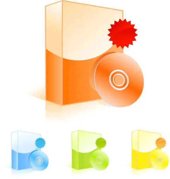 Vector illustration of Software boxes with CD disk and sale badges