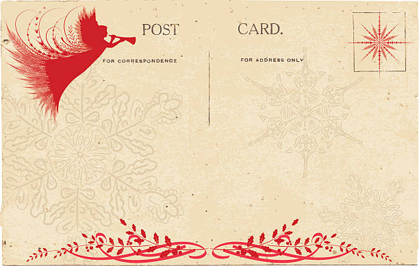 stockillustraties, clipart, cartoons en iconen met vintage postcard with holiday angel and designs in red silhouette - kerstengel