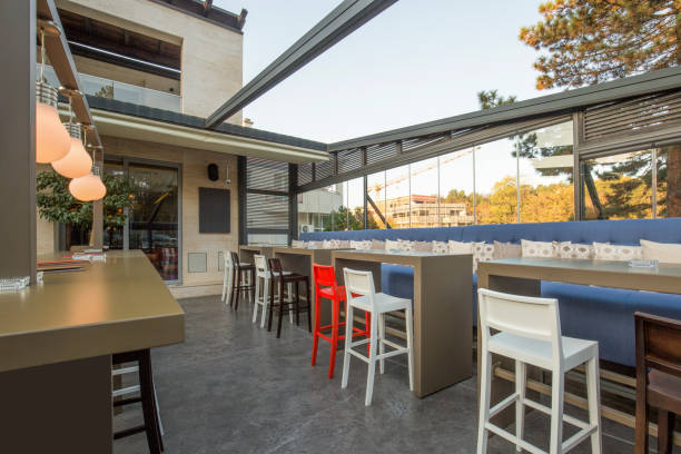 istock Restaurant with large open garden interior 1184139006