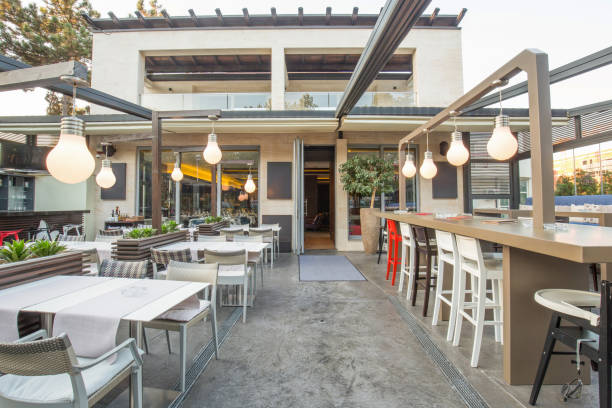 istock Restaurant with large open garden interior 1184139060