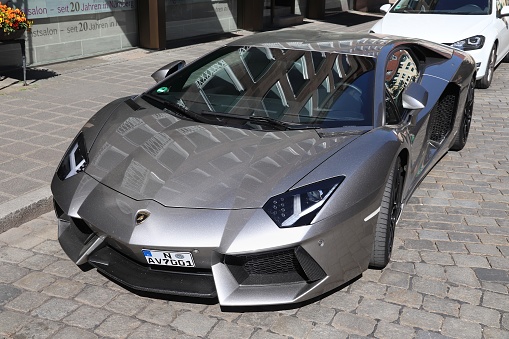 NUREMBERG, GERMANY - MAY 6, 2018: Lamborghini Aventador luxury sports car parked in Germany. The car was designed by Filippo Perini.