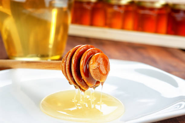 istock Honey dripping from honey dipper on white plate 1184142485
