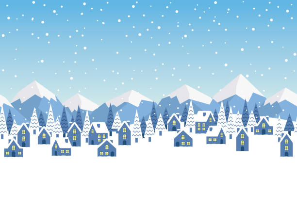 ilustraciones, imágenes clip art, dibujos animados e iconos de stock de ilustración vectorial sin costuras del paisaje urbano de invierno con espacio de texto. - winter snow landscape house