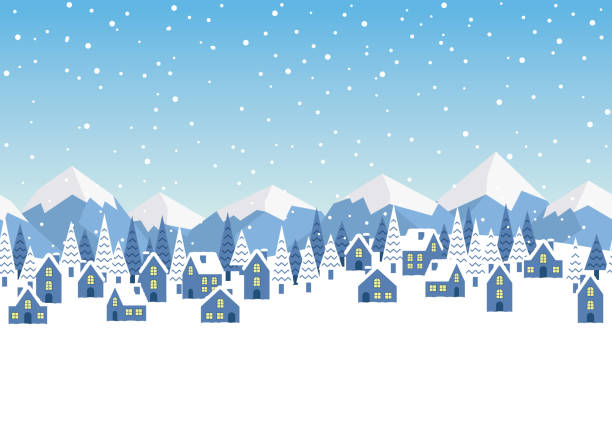 ilustrações de stock, clip art, desenhos animados e ícones de seamless vector winter townscape illustration with text space. - snowcapped mountain range snow mountain peak
