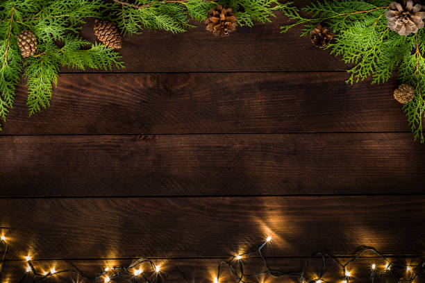 Christmas decoration with copy space on a rustic wooden table