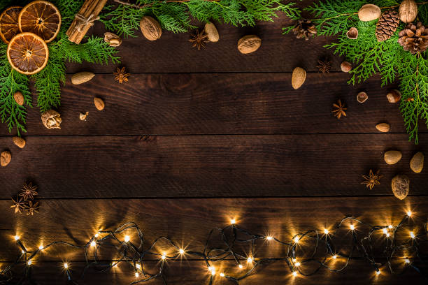 istock Christmas decoration with copy space on a rustic wooden table 1184143826