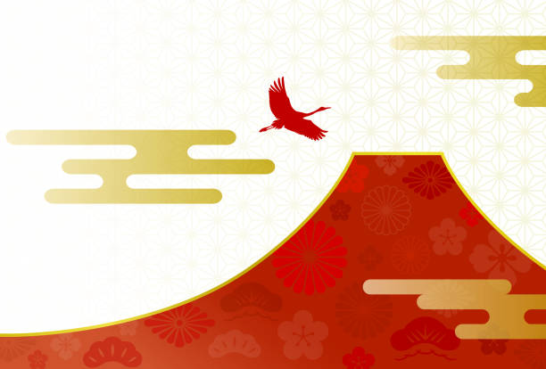 富士山、鶴、伝統模様 - 赤 イラスト点のイラスト素材／クリップアート素材／マンガ素材／アイコン素材