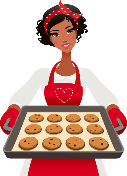 молодая женщина со свежим запеченным печеньем - front view female isolated on red happiness stock illustrations