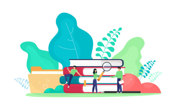 istock A stack of books with files and characters. Girl with a magnifier. Education, learning online. Vector illustration in cartoon flat style. 1184147431