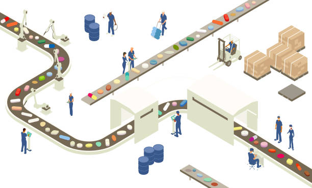 Pharmaceutical industry illustration Pills are illustrated on conveyor belts in this conceptual illustration of the pharmaceutical, or "pharma", industry, while factory workers, a forklift, industrial robotic arms, and other details. pharmaceutical manufacturing machine stock illustrations