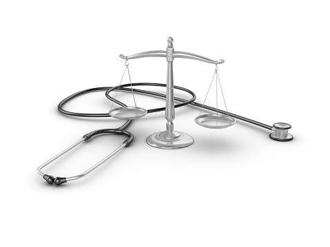 Stethoscope with SCALES OF JUSTICE - White Background - 3D Rendering