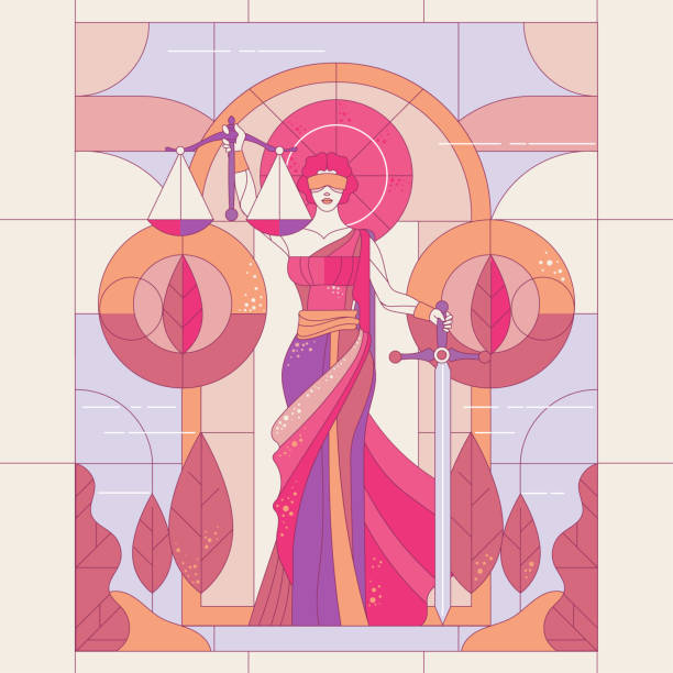 die göttin der gerechtigkeit themis. frau der gerechtigkeit femida. symbol für recht und gerechtigkeit. glasmalerei-illustration - justitia stock-grafiken, -clipart, -cartoons und -symbole