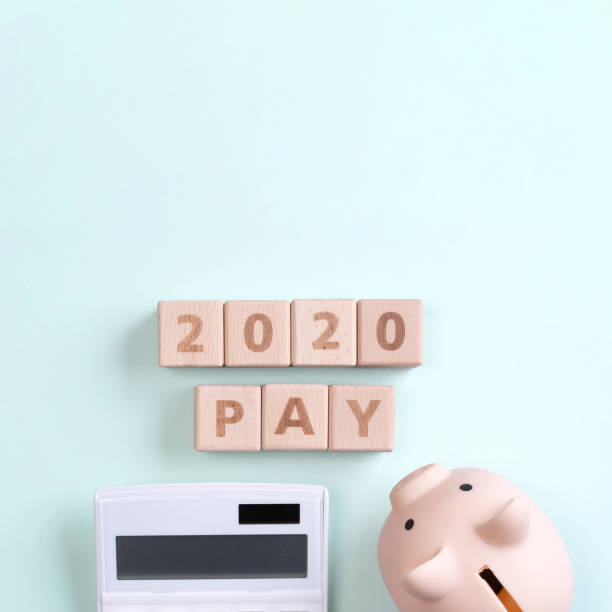 istock 2020 goal, finance plan abstract design concept, wood blocks on green table background with piggy bank and calculator, top view, flat lay, copy space. 1184150663