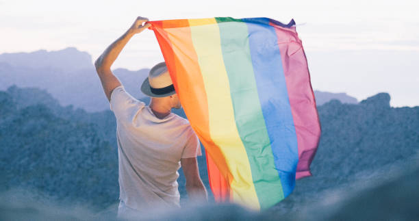 istock Man is looking at the view, holding a rainbow flag 1184153962
