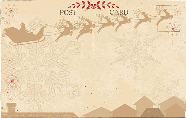 Vintage postcard with an Santa and Reindeer in Beige Silhouette Vintage postcard with Santa. Horizontal vintage postcard with a holiday santa in sleigh with flying reindeer horizontally across the top. There are tan rooftop designs along the bottom. The image is on a antique beige grunge background. There is copy space in the middle. The postcard, lettering & elements are on their layers for easier editing. santa letter stock illustrations