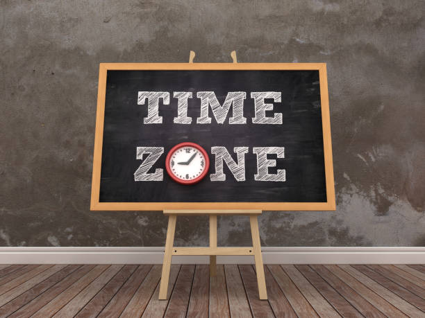 istock Easel with TIME ZONE Phrase and Clock in Room - 3D Rendering 1184155583