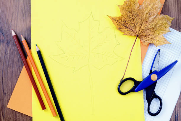 istock top view autumn decoration tinker with Maple leave and scissors. 1184156775