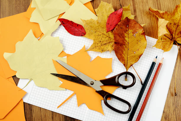 istock top view autumn decoration tinker with Maple leave and scissors. 1184156819