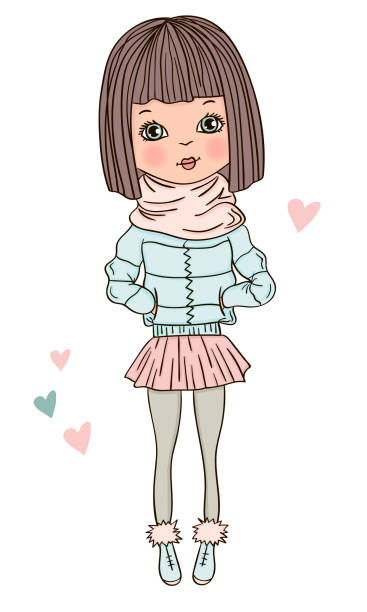 illustrations, cliparts, dessins animés et icônes de vecteur de fille de mode d'hiver. fille mignonne. style cool. fille hipster dans des vêtements d'hiver. carte d'hiver - girl5