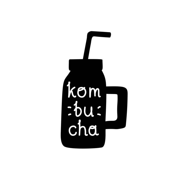 Silhouette of mason jar with tube and text kombucha Silhouette of mason jar with tube and text kombucha. Hand drawn vector illustration for poster. Cartoon quote on glassful. Flat design for cafe, vegan food, detox diet. Template for menu kombucha jar stock illustrations