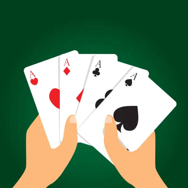 Vector illustration of Hand holding playing cards on green background. Hand holding four aces. Poker playing card concept.