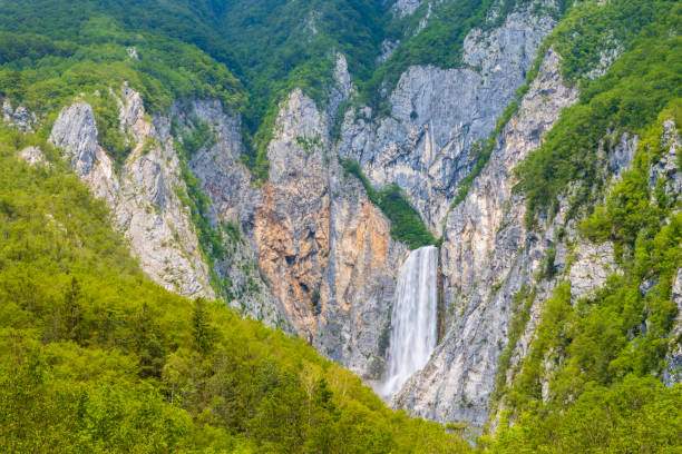 waterfall boka near soca river in slovenia - julian alps lake bohinj lake bohinj imagens e fotografias de stock