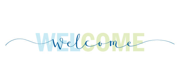 WELCOME mixed typography banner WELCOME blue and green mixed typography banner with brush calligraphy welcome stock illustrations