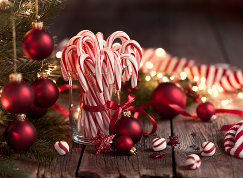 Candy Canes, candles and bright Christmas lights