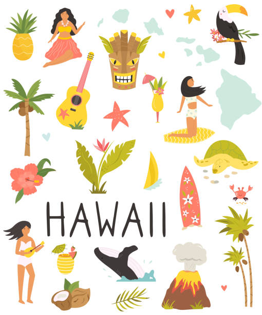illustrazioni stock, clip art, cartoni animati e icone di tendenza di set di simboli colorati, punti di riferimento delle hawaii. - big island isola di hawaii