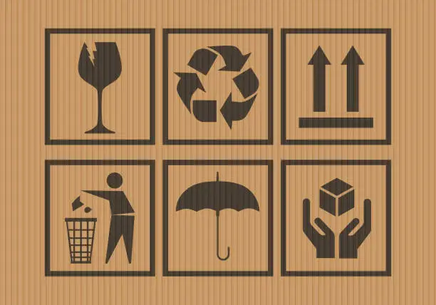 Vector illustration of Set Of Packaging Symbols: Fragile, this side up, glass, keep dry, keep clean, recycling, handle with care symbol.