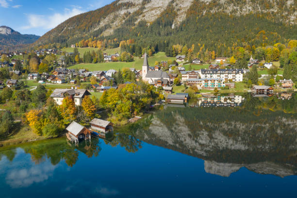 Aerial panorama of the beautiful village Altaussee on this stunning autumn day. Austrian Alps Panorama. Converted from RAW.