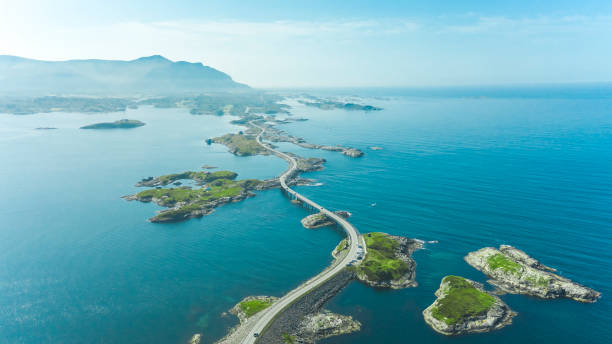 Aerial view of atlantic way on west coast of Norway Showing the whole stretch atlantic ocean stock pictures, royalty-free photos & images