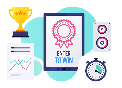 Vector illustration design template with smart device and enter to win text on its screen. Colorful web banner design with trendy decorations for corporate marketing or various vector illustrations.