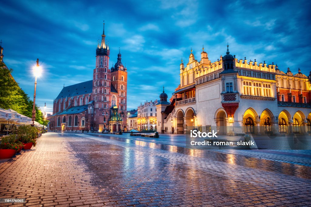St. Mary's Basilica on the Krakow Main Square at Dusk, Krakow, Poland Krakow Stock Photo