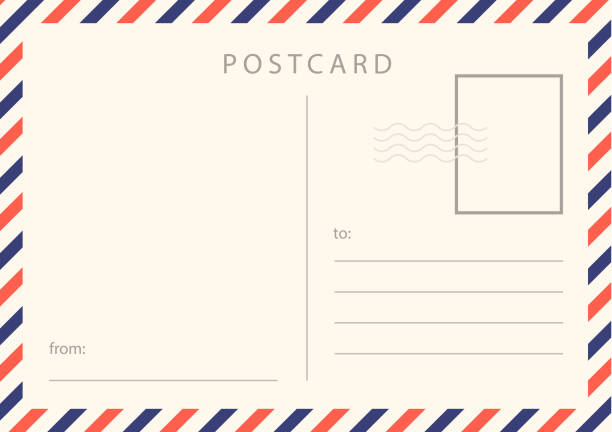 ilustraciones, imágenes clip art, dibujos animados e iconos de stock de diseño de tarjeta de viaje. postal vintage realista con borde rojo y azul. - tarjeta postal
