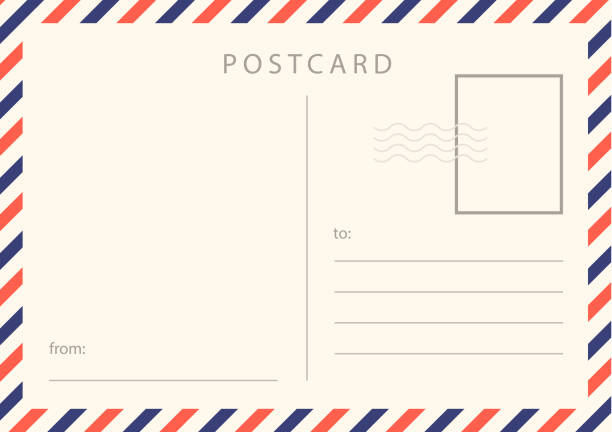 Travel card design. Realistic vintage postcard with red and blue borderline. Travel card design. Realistic vintage postcard with red and blue borderline. Vector stock. postcard stock illustrations