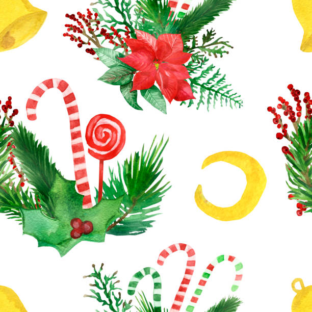 ilustrações, clipart, desenhos animados e ícones de aquacolor mão pintada natureza celebração de férias de inverno padrão sem costura com ramos de abeto verde, poinsettia flor vermelha, azevinho, pirulitos, lua amarela e sino isolado no fundo branco - leaf poinsettia bell celebration