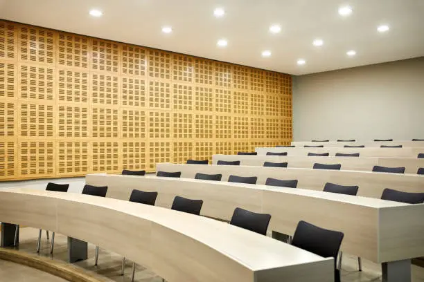 Photo of Interior of empty illuminated lecture hall