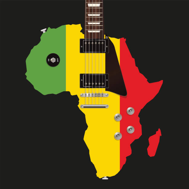 An electric guitar in the shape of the African continent, in the colors of the Jamaican flag, symbol of reggae music. An electric guitar with the shape of Africa in the colors of the ethiopian flag to symbolize reggae music. african rhythm stock illustrations