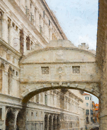 This is a close-up image of the Bridge of Sighs on the Rio Canonica Palazzo canal Venice, Italy. Heavily post processed to give a painterly effect.