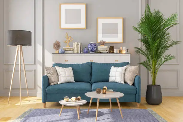 Photo of Living Room Interior With Picture Frame On Gray Walls