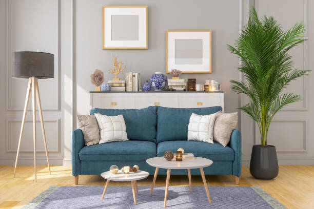 living room interior with picture frame on gray walls - mesa mobília ilustrações imagens e fotografias de stock