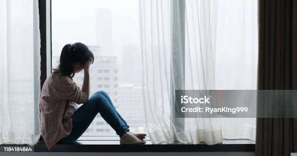 Woman Cry Near By Window Stock Photo - Download Image Now - Women, Depression - Sadness, Rain